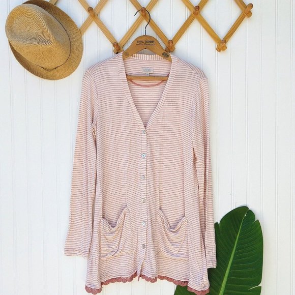 LOGO by Lori Goldstein Sweaters - Logo Lori Goldstein Striped V Neck Cardigan Size XS Pink Oatmeal Lace Button Up